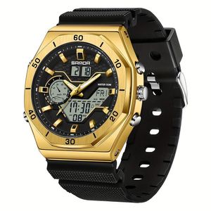 Relógio Esportivo Masculino Analógico Com Dupla Exibição Multifuncional Impermeavel Preto Dourado