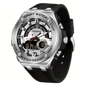 Relógio De Pulso Masculino à Prova D'água 50m Esportivo Multifuncional Com Pulseira De Silicone Preto Prateado