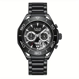 Relógio De Quartzo Para Homens Multifuncional Estilo Casual Com Pulseira De Aço Inoxidável Preto