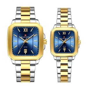 Relogios De Pulso Analógico Conjunto De Casal Em Aço Inoxidavel Design Quadrado Impermeavel Azul Dourado