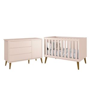 Jogo De Quarto Infantil Theo Retrô Cômoda 1 Porta E Berço Rosa Fosco Com Pés Amadeirado Reller Móveis Rosa Fosco
