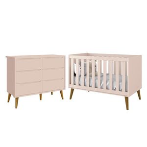 Jogo De Quarto Infantil Theo Cômoda 6 Gavetas E Berço Rosa Fosco Com Pés Amadeirado Reller Móveis Rosa Fosco