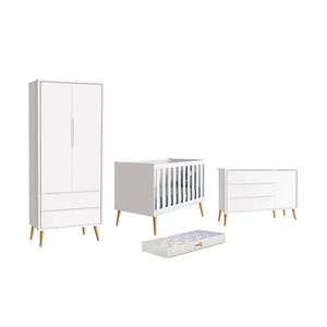 Dormitório Theo 2 Portas, Cômoda Com Porta Branco Com Pés Madeira Natural E Colchão D18 Reller Móveis Branco