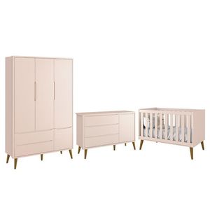 Dormitório Infantil Theo Retrô 3 Portas Cômoda 1 Porta E Berço Rosa Fosco Com Pés Amadeirado Reller Móveis Rosa Fosco
