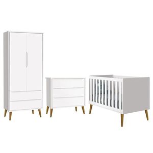 Dormitório Infantil Theo Retrô 2 Portas Cômoda E Berço Branco Fosco Com Pés Amadeirado Reller Móveis Branco Fosco