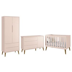Dormitório Infantil Theo Retrô 2 Portas Cômoda 1 Porta E Berço Rosa Fosco Com Pés Amadeirado Reller Móveis Rosa Fosco