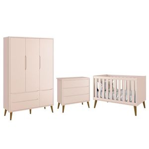 Dormitório Infantil Theo Retrô 3 Portas Cômoda E Berço Rosa Fosco Com Pés Amadeirado Reller Móveis Rosa Fosco