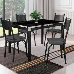 Conjunto De Mesa Com 4 Cadeiras Tampo De Vidro 107cm Preto Fosco Assento Andorinha