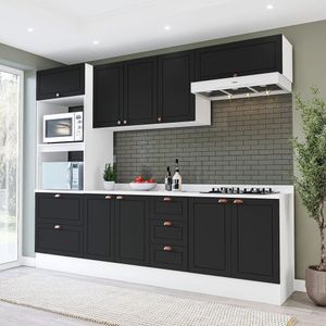 Cozinha Pérola Com Tampo E Rodapé 5 Peças Torre Quente Aéreo 3 Portas Basculante Balcão 120 E De 80 Branco/preto