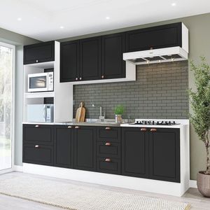 Cozinha Pérola Com Rodapé 5 Peças Torre Quente Aéreo 3 Portas Balcão 120 Balcão 80 E Basculante Branco/preto