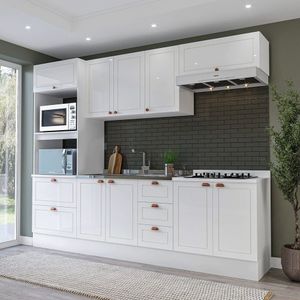 Cozinha Pérola Com Rodapé 5 Peças Torre Quente Aéreo 3 Portas Balcão 120 Balcão 80 E Basculante Yesc Branco