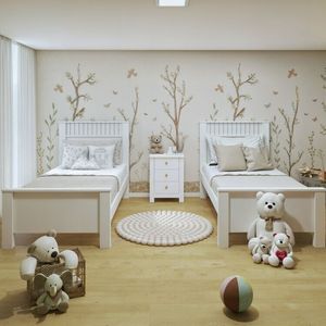Quarto Infantil Com 2 Camas Solteiro Athenas Plus E Mesa De Cabeceira 3 Gavetas Maggiore New Branco