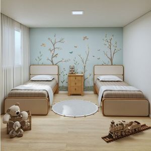 Quarto Infantil Com 2 Camas De Solteiro Loop E 1 Mesa De Cabeceira Maggiore Amêndoa Clean - Off White