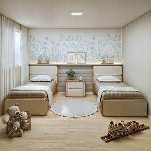 Quarto Infantil Com 2 Camas Solteiro Loop Tecido Corano E Mesa De Cabeceira 2 Gavetas Loop Amêndoa Clean-off White