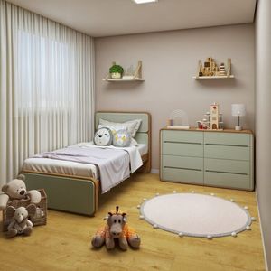 Quarto Infantil Com Cama Solteiro Loop Tecido Boucle E Cômoda 8 Gavetas 152x48x96cm Loop Amendoa Clean-salvia