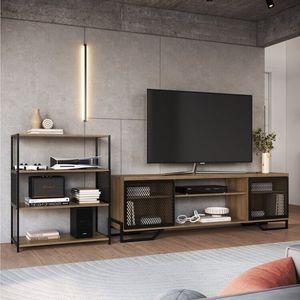 Sala De Estar Completa Com 2 Itens Rack Tv 60 Polegadas Com Porta Industrial E Estante Media Telada Preto - Mel