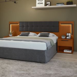 Cabeceira Casal - Queen 160cm 2 Mesas De Cabeceiras Com Led Calitan Frassino preto Fosco