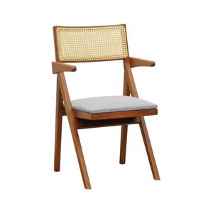 Cadeira Ypê Com Braços Madeira Maciça Telinha Assento Estofado Linho Impermeável Amêndoa/bege