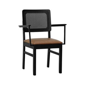Cadeira Lyon Com Braços Madeira Maciça Encosto Telinha Assento Estofado Corano Preto/marrom