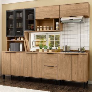 Cozinha Modulada Toscana 5 Peças Mdf Com Aéreo 1200 Porta De Vidro E Paneleiro Com Tampo Freijó