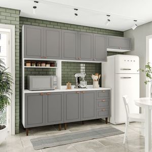 Cozinha Pérola Com Tampo 4 Peças Paneleiro/torre Quente Aéreo 3 Portas Balcão 120 E Basculante Yesca Branco/cinza