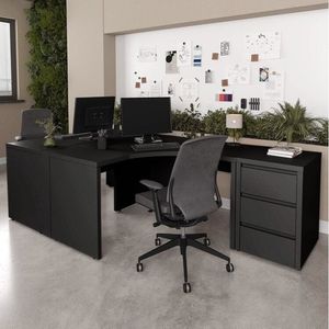 Conjunto Home Office 1 Mesa Em L 1 Mesa 135cm 1 Gaveteiro Ficus Cabecasa Madeira Madeira Preto