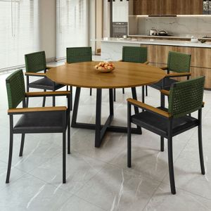 Conjunto Sala De Jantar 6 Cadeiras Madri Com Braço Mesa Redonda 150cm Tampo MDF Coliseu Preto Verde