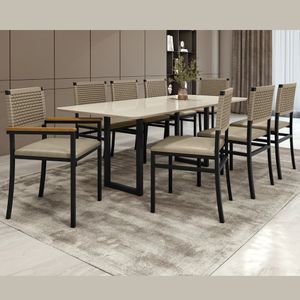 Conjunto Sala De Jantar Mesa 08 Cadeiras Madri Retangular 200x90 Tampo MDF Itália Preto Bege