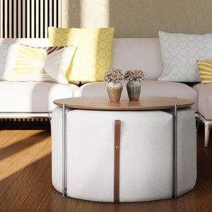 Conjunto Onix Mesa Centro 82,5 Madeira-metal E 04 Puff Amêndoa-níquel
