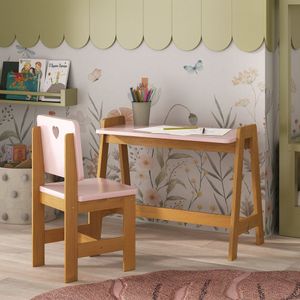 Conjunto Mesa Escrivaninha + 1 Cadeira Infantil Sofia Madeira De Pinus MDF