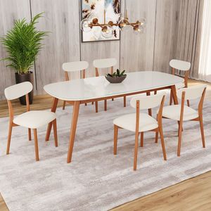 Conjunto Sala De Jantar Mesa 180x80cm Tampo Em MDF Com Vidro 6 Cadeiras Ceci Yescasa Natural Off White