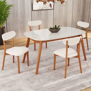 Conjunto Sala De Jantar Mesa 135x80cm Tampo Em MDF Com Vidro 4 Cadeiras Ceci Yescasa Natural Off White