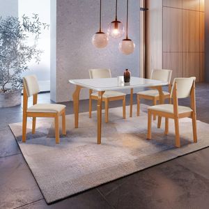 Conjunto Sala De Jantar Mesa Tampo Vidro MDF Com 4 Cadeiras Suede Marialice Cinamomo Off White Bege