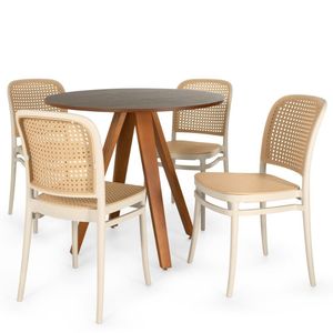 Conjunto Mesa De Jantar Redonda Tai 90cm Natural Com 4 Cadeiras Roma - Bege