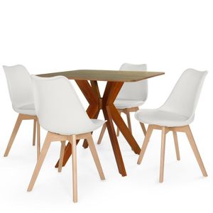 Conjunto Mesa De Jantar Quadrada Isa 90x90cm Natural Com 4 Cadeiras Leda - Branco
