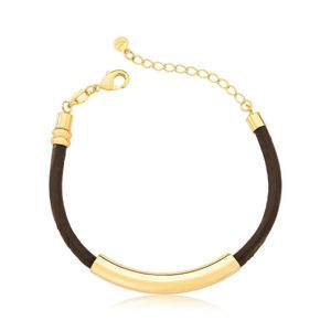 Pulseira De Couro Natural Café Com Canutilho Revestimento Em Ouro