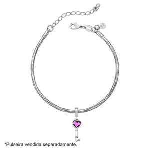 Charm Chave Com Coração De Cristal Revestido Em Ródio