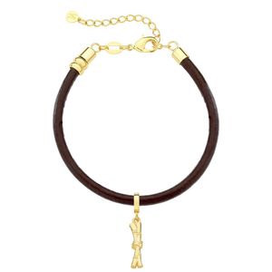 Pulseira De Couro Natural Com Charm Cana De Açúcar Revestido Em Ouro