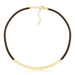 Colar De Couro Natural Café Com Canutilho Longo Revestido Em Ouro