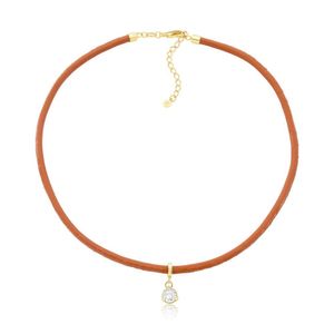 Colar De Couro Natural Caramelo Com Ponto De Luz Revestido Em Ouro