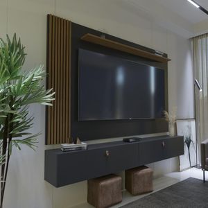 Rack Com Painel Ripado Suspenso Para Tv Até 70 Polegadas 2 Portas Grécia 180cm Preto E Nature