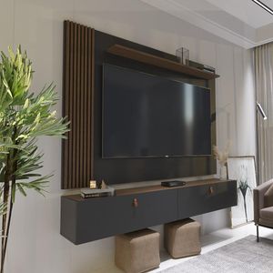 Rack Com Painel Ripado Suspenso Para Tv Até 70 Polegadas 2 Portas Grécia 180cm Preto E Freijó