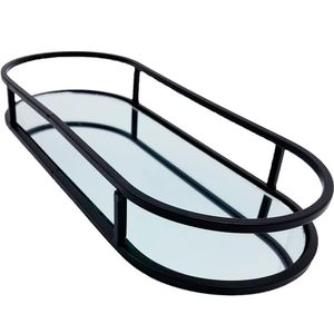 Bandeja Espelhada Oval Metal Preto Lavabo Multiuso 30x12cm