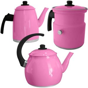 Kit Chaleira Leiteira E Bule Gulê Alumínio 3 Peças Rosa