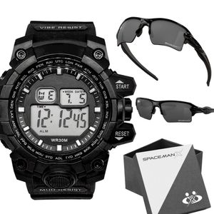 Oculos Proteção Uv + Relogio Masculino Prova Dagua Digital Resistente Acetato Alarme Cronometro Data