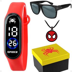 Relogio Infantil Digital + Caixa + Oculos Sol + Colar Aranha Menino Data Silicone Homem Aranha Heroi