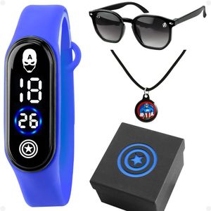 Relogio Infantil Capitão America + Oculos + Colar + Caixa Digital Azul Kids Ajustavel Silicone Preto