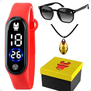 Relogio Digital Infantil Iron Man + Oculos + Colar + Caixa Kids Vermelho Ajustavel Qualidade Premium