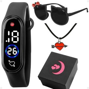 Relogio Infantil Digital Menina+ Oculos Sol + Colar + Caixa Kids Prova Dagua Led Rosa Proteção Uv