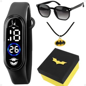 Relogio Digital Infantil Batman + Oculos Sol + Colar + Caixa Kids Ajustavel Original Led Criança